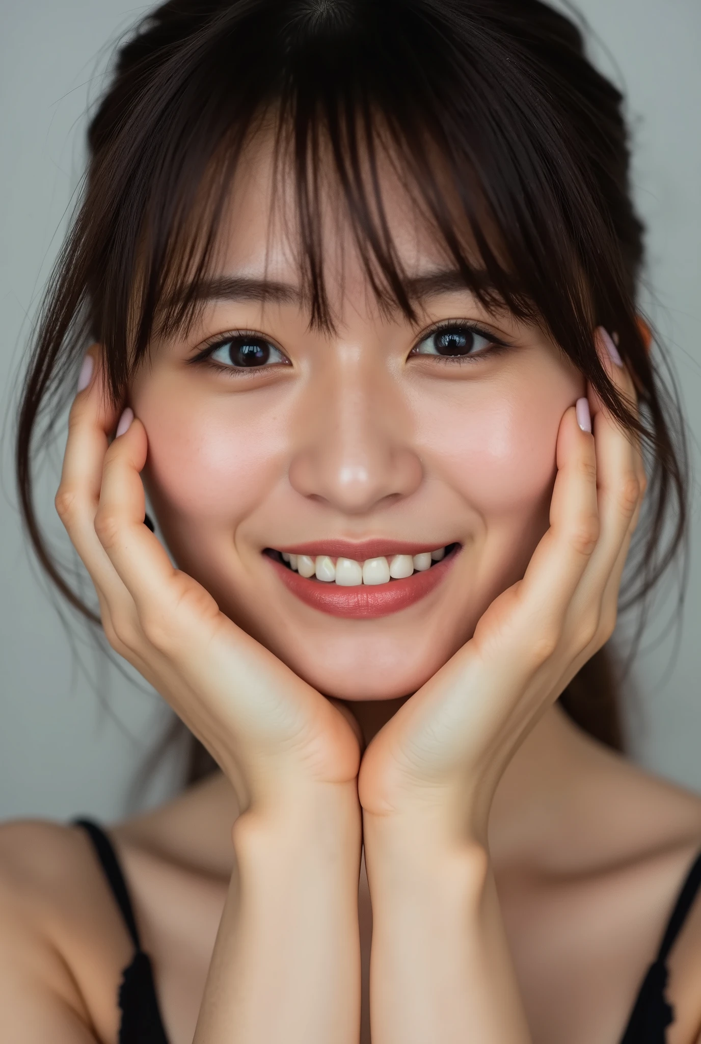 extreme close-up portrait, beautiful girl with her love-struck, radiant face filling the entire frame (95% face ratio), gently placing both open hands on her flushed cheeks with soft fingers, soft black camisole, white blurred background, eyes dreamy and half-lidded, deeply adoring gaze fixed straight at the viewer, irises ultra-detailed with intricate rainbow reflections and glowing catchlights, moist and sparkling eyes as if about to tear up from overwhelming joy, soft melting smile revealing slightly parted lips and upper teeth, skin with visible soft pores, realistic skin texture with warm lighting and subtle shadows, delicate eyelashes, glossy lips with natural highlights, cheeks glowing with deep blush, cinematic soft lighting, lifelike expression full of romantic euphoria, overflowing with happiness, warmth, and pure affection, subtly tilting her head as if whispering a name in total bliss, ultra photorealistic, masterpiece, 8K, hyperreal detail, skin pores, detailed iris texture, cinematic mood