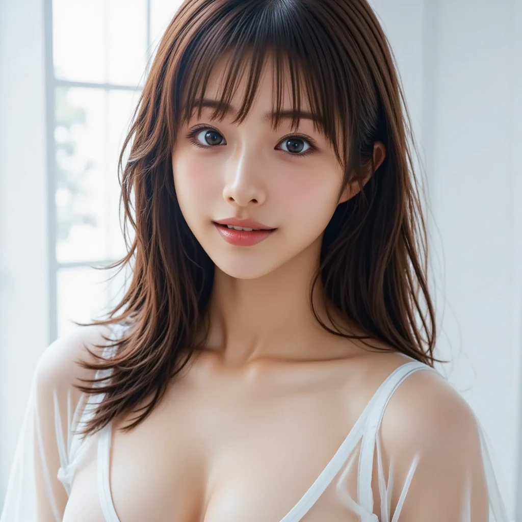 masterpiece, Highest quality,16K, Ultra-high resolution,The light and shadow of reality,Cinema Lenses,((Very skinny)),((Very firm and shapely beautiful large breasts)),((High nose、Small Mouth)),((Clean and slim face line)),((Big dark eyes with long eyelashes)),((Very small face))((Very slim and beautiful arms)),((She is very thin and has a great figure)),((Pure white beautiful skin)),((Cute Japan)),nurse、nurse break ((((White nursing uniform、white nurse uniform:1.3)))),Hospital room,,(Beautiful Eyes:1.1),Reflecting clear eyes and a gentle smile,