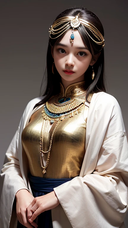 Egyptian Pharaoh、See-through、It's digging in、I'm not wearing anything underneath、Full Body Shot、20th Ayaka、NiziU AYAKA、 4K、1People Women、slender、 Loose, wavy styling 、Fascinating and attractive、Including the texture of the face and skin.,Detailed eyes
