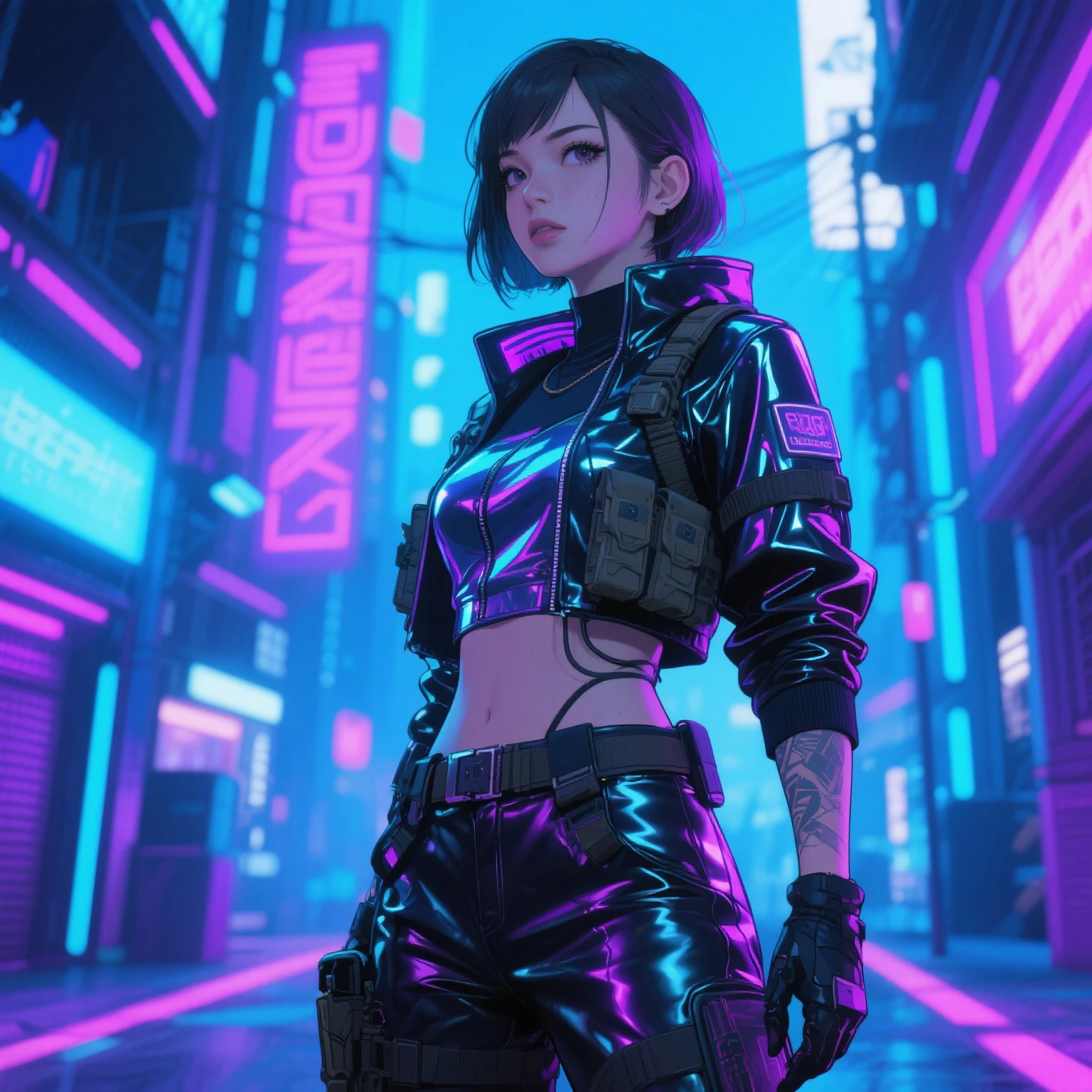 (Tabletop, Highest quality, Top quality, Official art, Beautiful, Aesthetic:1.2),(One girl:1.4),Full body,([pink|blue] hair:1.5),Highly detailed,(Fractal art:1.3),(Colorful:1.5),Best detail,(Mechanical mods:1.3),(Modified:1.2),Maiden,(Complex mechanical conduit inserted:1.5),Catheter,(Neon background:1.4),(Neon city:1.75),Night,(Gothic_ta:1.2),High heels,Make up,Blush,(Cyberpunk:1.4),((Watching the viewer:1.3)),Sofia Boutella, Brunette, Tan, Huge , Nikon D850 Film Stock Photos 4 Kodak Portra 400 Camera F1.6 Lenses, Rich colors, Ultra realistic textures, Dramatic lighting, UnrealEngine, Trending on Artstation, Cinestill 800,