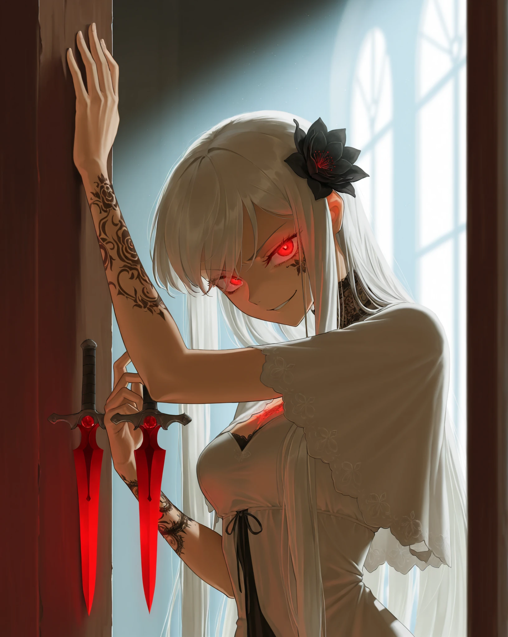 dynamic pose, action shot, masterpiece, dramatic lighting, deep lighting, god rays, best quality, amazing quality, very aesthetic, high resolution, ultra-detailed, absurdres, (hands:-0.33),
1girl, solo, (quarter shot, close up shot:1.19), leaning against wall, glaring at viewer, side shot, upper body shot, Red eyes, glowing eyes, white hair, moonlit hair, very long hair, white capelet, french dress, musketeer, smirk, yandere smile, flower in her hair, black flowers, nightmare, delicate beauty, black henna tattoo, glowing tattoo, knives, curved knife, BREAK, depth of field, volumetric lighting 
 