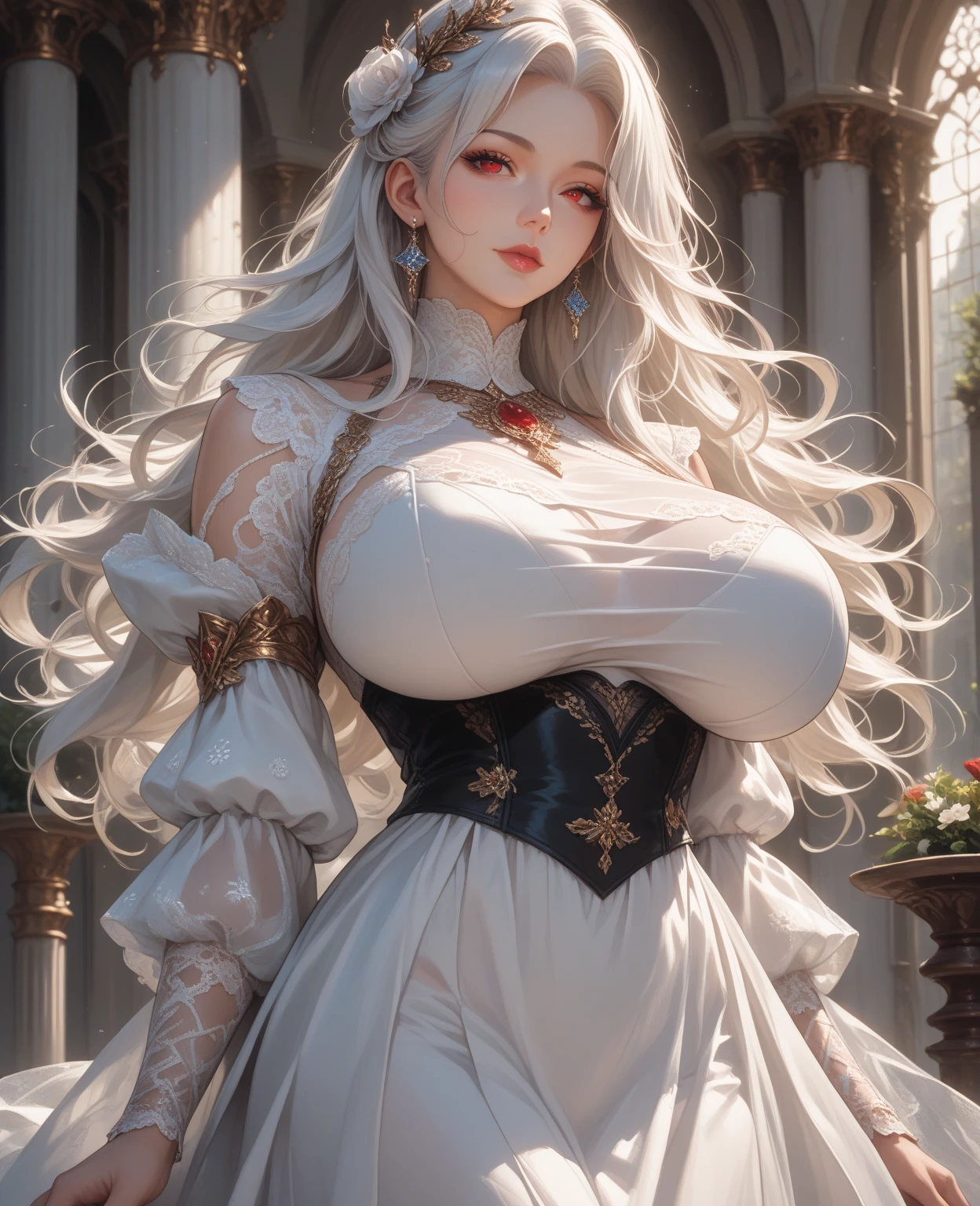 ((anime artstyle)),(Masterpiece),(Best Quality), (Super Detail),((Very Delicate and Beautiful)),cinematic lighting,1 girl,((full body portrait)),((standing in garden)),((solo)),(((1 bling-bling princess in gorgeous embroidery and bling-bling jeweled extremely gorgeous princess rococo ballgown with voluminous full length hoop skirt))),an hourglass waist,padded and corseted bodice,(((huge crinoline hoopskirt))),long train,((gorgeous embroidery and jeweled)),voluminous frills,See-through,(gorgeous embroidery and beautiful lace),(((extremely gigantic tits,skindentation))),cleavage,((large amount of straight hair,extremely voluminous Straight long Hair,Very Long Straight Hair)),(finely detailed face and eyes),clear pupil,extremely gorgeousfull hair ornament,(bling-bling jeweled extremely gorgeousfull tiara),(bling-bling gorgeous gemstone jewelry),long veil,(beautiful background),(full body),((gorgeous embroidery and bling-bling jeweled extremely gorgeous princess rococo ballgown with voluminous full length hoop skirt))