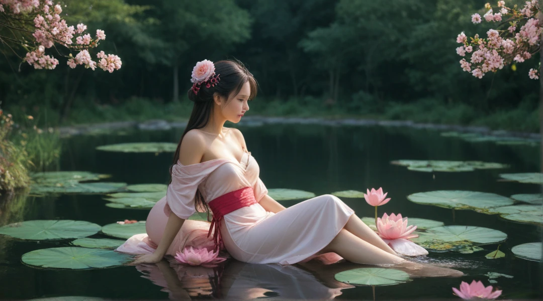 full body,A beautiful Chinese girl,shoulder length straight bob hair,slim,thin,Peach petals hanfu,Lying in a round bowl of steaming water,The body is inside the face,Covered with peach petals,Only the head and legs stick out