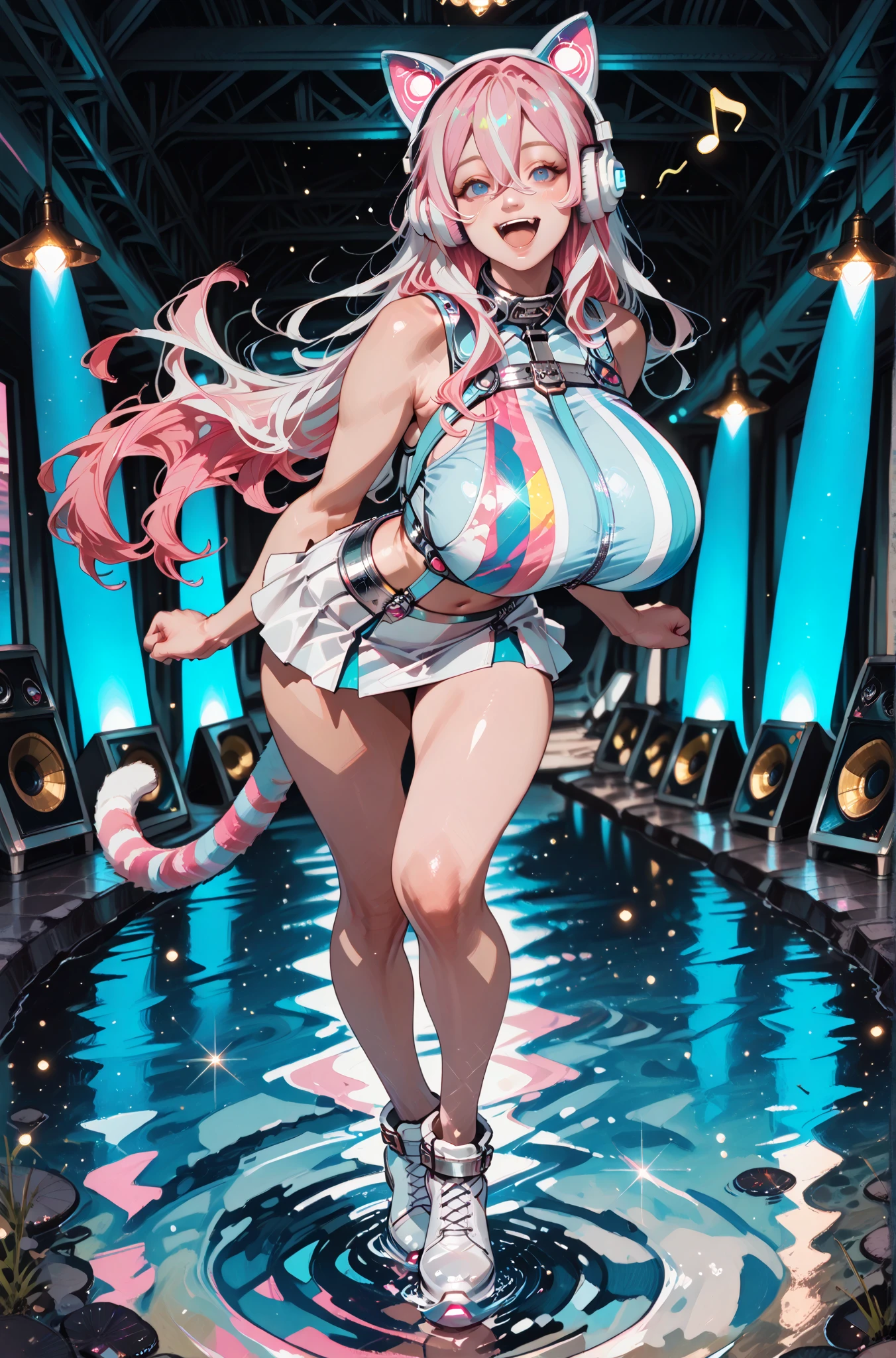 (Perfect body),Best Quality,(8K Portrait),(Official art)、((NSFW))、(((((SEX)))))、(((((Lori)))))、((((:o))))、(((:o)))、is crying、(((blush))),(((((flat chest)))))、small tits、chest cutout、((Big ass))、((Pink hair),((Short hair))、waved hair、(Orange Eyes)、(((thick thighs)))、(((White bodysuit)))、(((pink ruffle skirt)))、(Armpits)、(((((Short stature)))))、(((Torn clothes)))、(((teats)))、((Nekomimi))、((headphones))、Cowboy Shot、both hands behind head、Electronic space