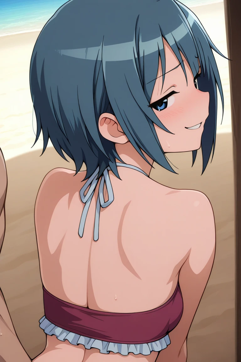 NSFW,masterpiece,Highest quality,High resolution,Very detailed,Sinon\(Sword Art Online\),(High quality sexy halter neck micro bikini), hair ornaments, Hair Clip,(Ecstasy face),Expectant face,Estrus,sexual excitement,blush,Ocean,Beach,Palm tree,Rock Shade,(Middle-aged men),(Have sex),heart,(Sex slave),From the side