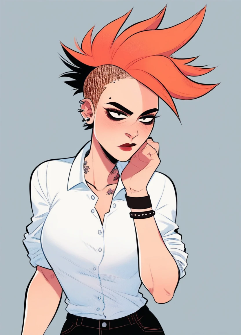 score_9_up, score_8_up, score_7_up, retro neon punk, hat, tattoos, 1girl, solo, short hair, jacket, cleavage, navel, blue background, <lora:NeonPunk:1>