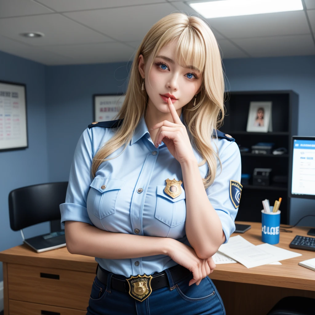 (RAW photo:1.2), ((photorealistic:1.4),(masterpiece:1.3),(best quality:1.4),ultra high res,(detailed facial features),(detailed body features),HDR,8k resolution, 1 girl, blush, blonde hair, 8k, ultra high details, perfect nose, cinematic lighting, perfect body, police hat, police uniform, 1 man, fuck on table, pussy, penis, perfect , open mouth, big tit