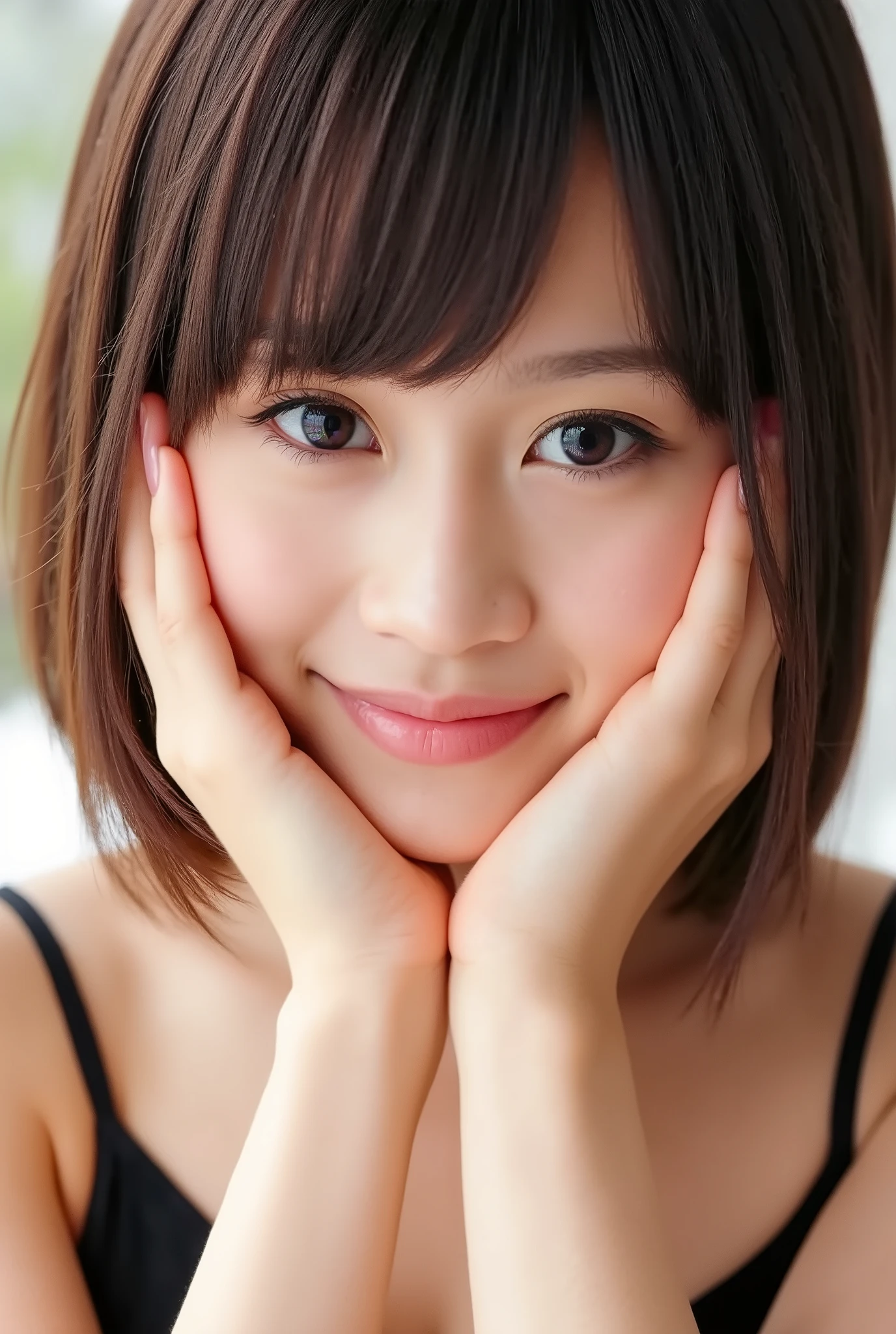 extreme close-up portrait, beautiful girl with her love-struck, radiant face filling the entire frame (95% face ratio), gently placing both open hands on her flushed cheeks with soft fingers, soft black camisole, white blurred background, eyes dreamy and half-lidded, deeply adoring gaze fixed straight at the viewer, irises ultra-detailed with intricate rainbow reflections and glowing catchlights, moist and sparkling eyes as if about to tear up from overwhelming joy, soft melting smile revealing slightly parted lips and upper teeth, skin with visible soft pores, realistic skin texture with warm lighting and subtle shadows, delicate eyelashes, glossy lips with natural highlights, cheeks glowing with deep blush, cinematic soft lighting, lifelike expression full of romantic euphoria, overflowing with happiness, warmth, and pure affection, subtly tilting her head as if whispering a name in total bliss, ultra photorealistic, masterpiece, 8K, hyperreal detail, skin pores, detailed iris texture, cinematic mood