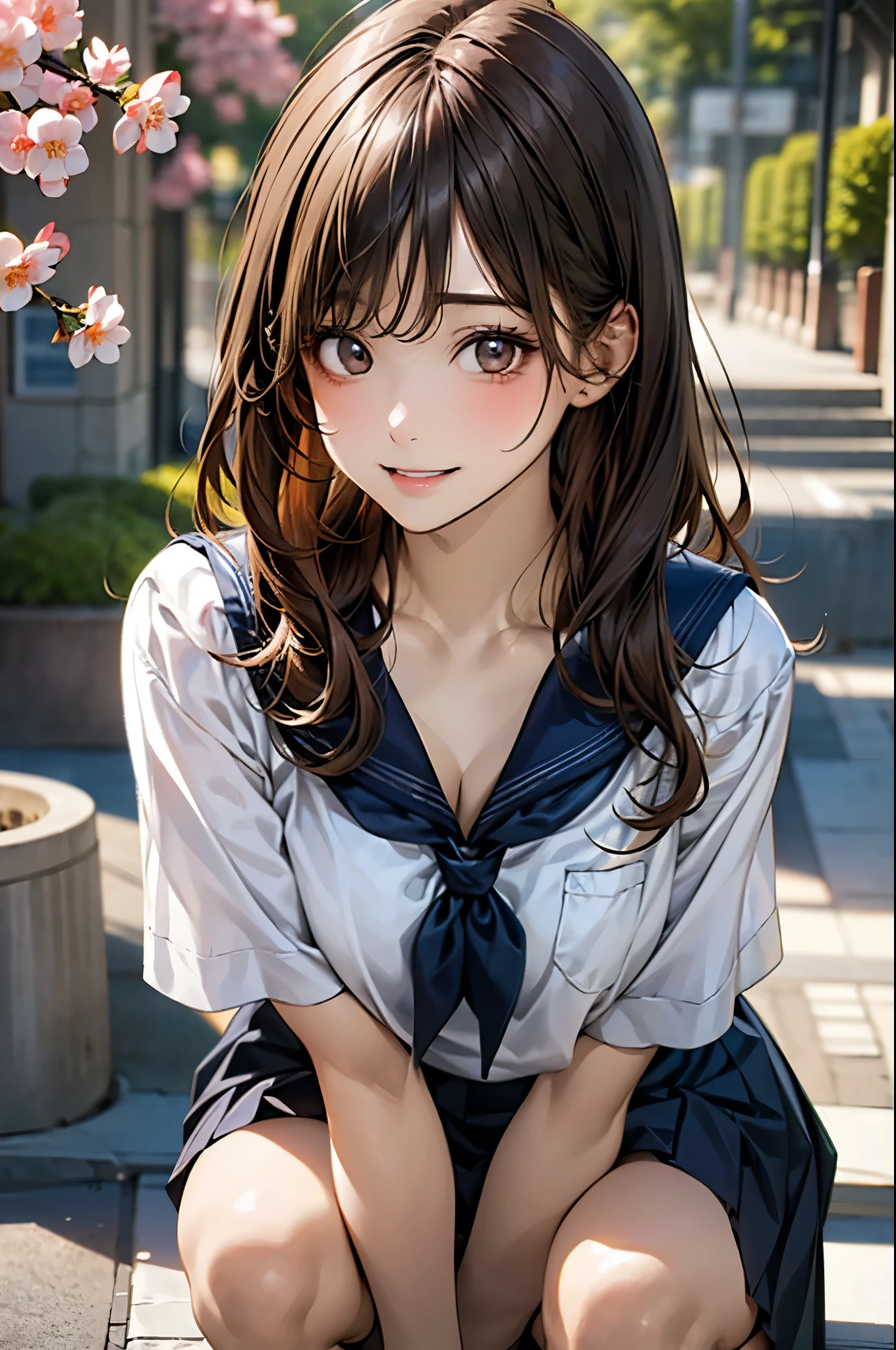 (masterpiece:1.3, top-quality, ultra high res, ultra detailed), (realistic, photorealistic:1.4), beautiful illustration, perfect lighting, natural lighting, colorful, depth of fields, 2025s, ,
beautiful detailed hair, beautiful detailed face, beautiful detailed eyes, (perfect fingers, five fingers, perfect anatomy, anatomically correct, super detailed skin), white skin, shiny skin,
looking at viewer, (face focus, upper body), 1 girl, high school girl, hanako, cute and symmetrical face, perfect face, perfect eyes, perfect body, babyface, cute face:1.2, tiny,
(long hair, straight hair, long sidelocks, dark brown hair), swept bangs, light brown eyes, long eye lasher, (large breasts, narrow west, seductive thighs), skin dentation, outstanding style,
(detailed cloth texture), (short sleeves cute sailor suit, navy pleated skirt, navy sailor collar, navy short socks), break (red sailor scarf), break
(beautiful scenery), spring/(seasons/), evening, detailed background, (school gate:1.5, cherry blossoms), squatting, (spread legs, pose with movement), (lovely smile, upper eyes, parted lips),