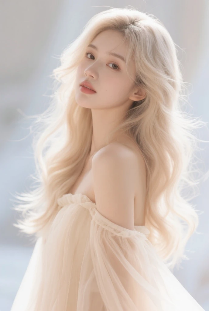 (((white background 2.0)))、((High key portrait 1.3))、Professional Lighting、(((Professional Lighting 1.5)))、(Translucent skin texture))、Beautiful Skin、Fair skin、(((Whitening 1.5)))、((White off-shoulder dress 1.5))、(((High leg pants 1.5)))、Slim figure、(((ファッションMagazine Cover 1.5)))、(((Magazine Cover 1.5)))、blonde、Wavy Hair