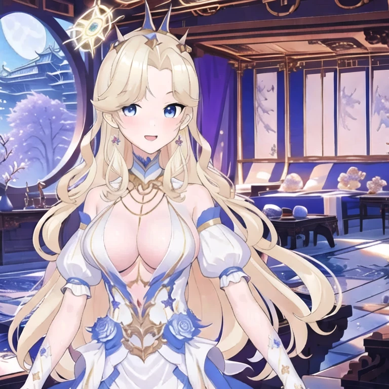 masterpiece, best quality, 1girl, (masterpiece), best quality, expressive eyes, solo, perfect face, long hair, goddess aesthetic outfit, long light blonde hair dyed with tint of pink color and with cute fluffy bangs well styled, hair dyed with pink color, detailed light blue eyes highlight light reflecting in her eyes, looking straight to the viewer, colorful lighting, lips, black shade of makeup on eyelids, fair skin, perfect hourglass body, she has sharp jawline, The artwork should have the best quality, with ultra-detailed and realistic features. The color palette should be vivid, and the lighting should emphasize the character's facial structure and expression. full body, standing,