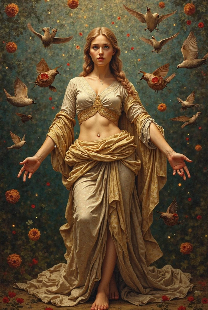 detailed oil painting of a goddess of fortune nude upper body in a medieval fantasy world, intricate details, beautiful face, long flowing hair, delicate skin, elegant pose, fantasy architecture, glowing light, warm colors, cinematic lighting, dramatic shadows, highly detailed, masterpiece, 8k, photorealistic, hyper detailed