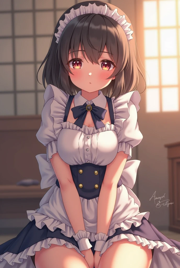 muste piece、masterpiece、highest quality、Super detailed、High resolution、8K portrait、High definition CG of Unity 8k wallpaper、cute little:1.5、:1.5、Highly detailed CG unity 8k wallpaper、Realistic、real person、 portrait photography、shiny skin、High definition、(16 y)、(1 girl)、beautiful clear eyes、extremely detailed description、delicate face、nice lips、slender body、small breasts 同 thin win legs、Floor corridor:1.6)、, (blush:1.5),(brown hair bob hair:1.3),small breasts 同,((Maid clothe,((clothes lift:1.5)), (I have nipples:1.2),((climax in vagin,(from front:1.n,(model p2)