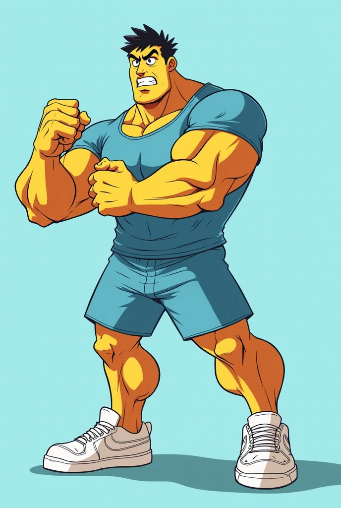 anime art: a masculine 22-year-old male with a big bulge, wearing blue cycling outfit , he's squatting down, flexing biceps, fluffy hair, smile
