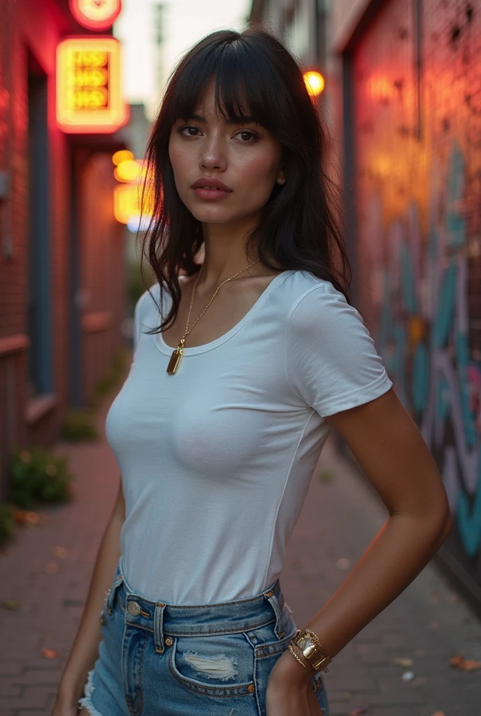 Mujer caucasica, linda y tierna, cabello morado purpura, cabello largo, cuerpo fitness, mejillas rosas, mirada tierna y miesteriosa, ojos azules, ropa falda plizada negra, ropa, blusa rosa manga larga, ropa chamarra negra, ropa medias de red negras, fondo calle de nueva york, calle noche