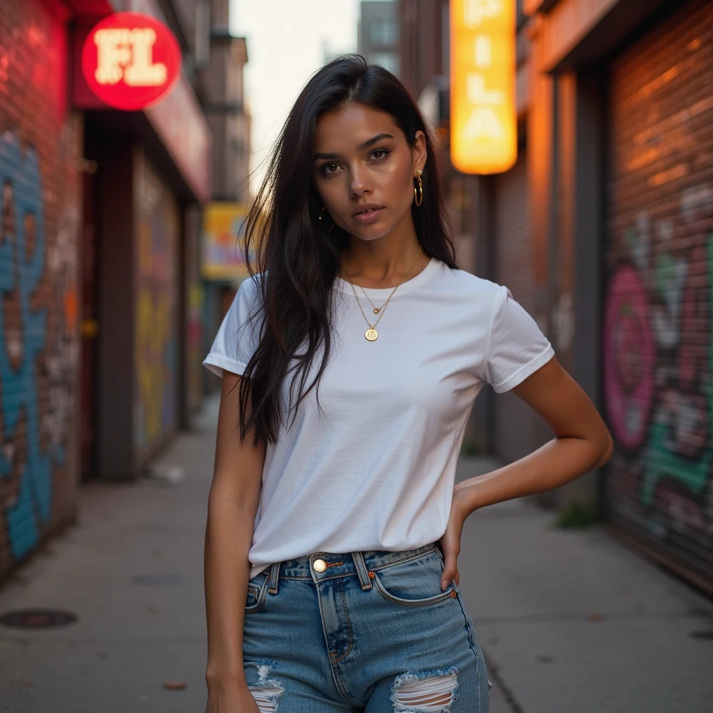 a woman in the streets, dirty urban alleyway, long flowing black hair, wearing jeans, white shirt with print, beanie hat to keep warm, large hoop earrings, photorealistic, 8k, highly detailed, cinematic lighting, gritty urban atmosphere, moody color tones