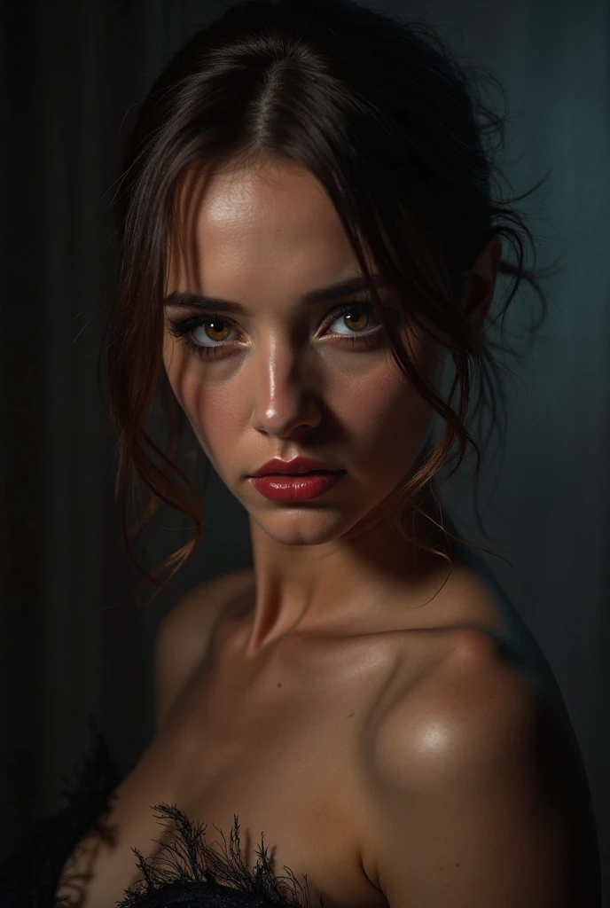 Best quality, masterpiece, ultra high res, (photorealistic:1.5), raw photo, 1girl, offshoulder, in the dark, deep shadow, low key, cold light, sexy look, medium hair, bra strap, maroon
