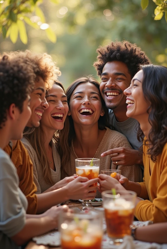 Image de plusieurs personnes de différentes origines qui sont assemblés en s'amusant tous heureux avec un arrière plan humoristique