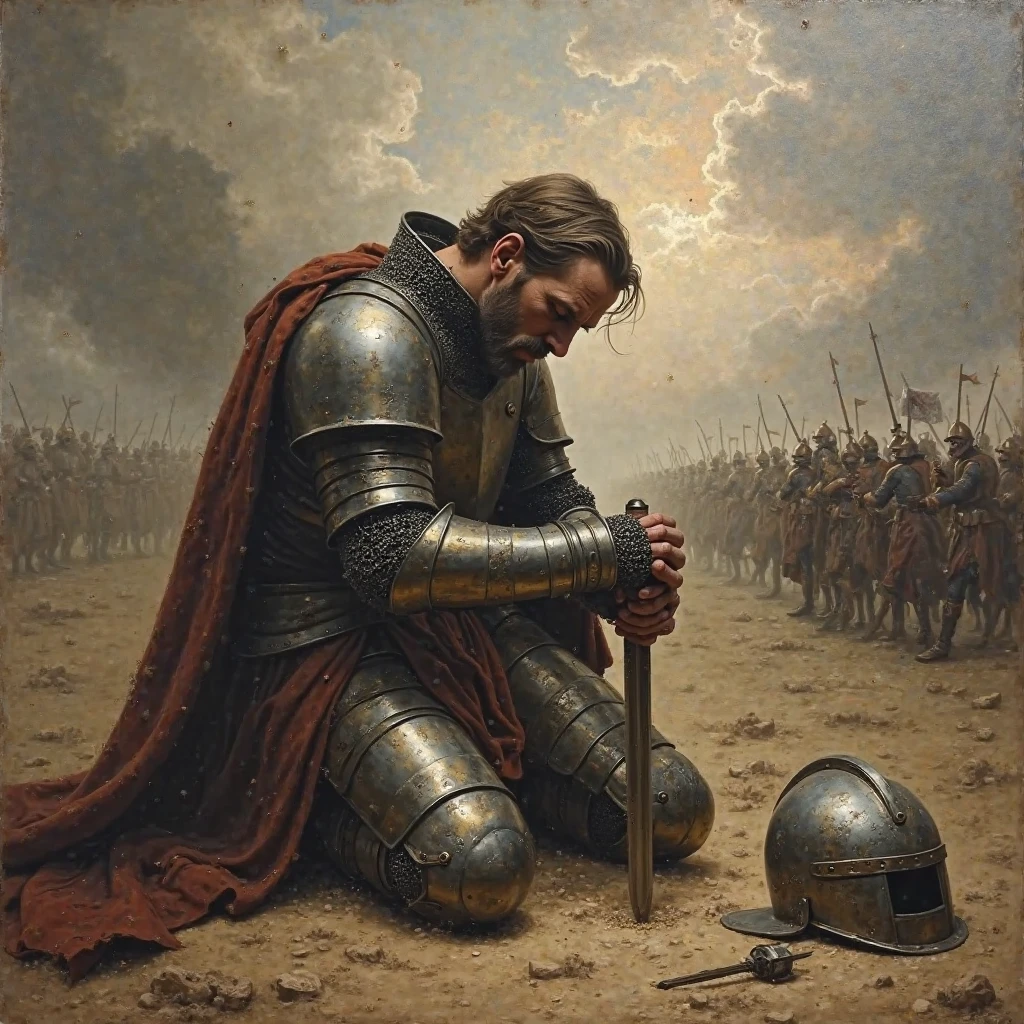 Paint me a picture of sad face blooded at he's knees king shot by dozens of arrow with a background of a burning castle at he's back with mountain of dead knights at he's feet