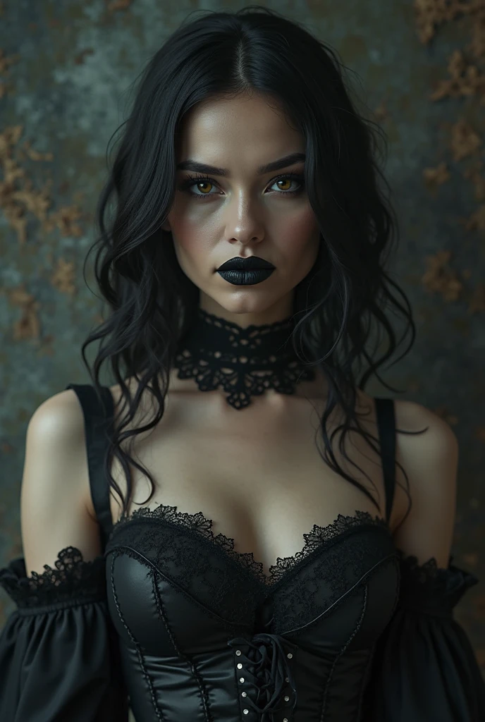 goth girl, I look at the viewer, sexual, slender body, black lace gown, tulle, All-black lips, Drawing the eyes, tuxedo eyes, long fluffy eyelashes, styled by Isao Andrews