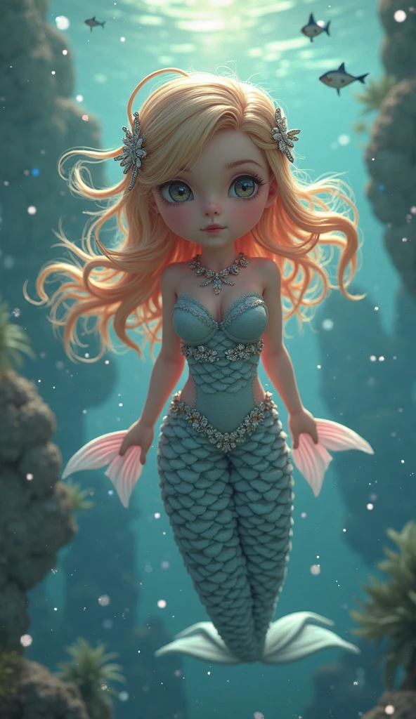 1girl, cute mermaid, anime, (hyper realistic digital art), (in oil painting), beautiful detailed eyes, beautiful detailed lips, extremely detailed face, long eyelashes, mermaid tail, underwater scene, ocean, coral reef, tropical fish, bioluminescent plankton, (best quality,4k,8k,highres,masterpiece:1.2),ultra-detailed,(realistic,photorealistic,photo-realistic:1.37), vibrant colors, dramatic lighting, ethereal atmosphere, fantasy art