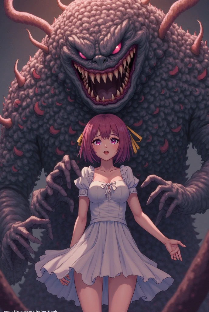 ((best quality)) , ((masterpiece)) , (detailed),A cute girl wearing a white dress and hat is sitting on a bench, smiling at me in front of a sunflower garden with a blue sky background. There is an open bus stop next to her. She has short hair and bangs hairstyle in the style of anime and in the style of Japanese manga, in high definition.,(((((monster)))))