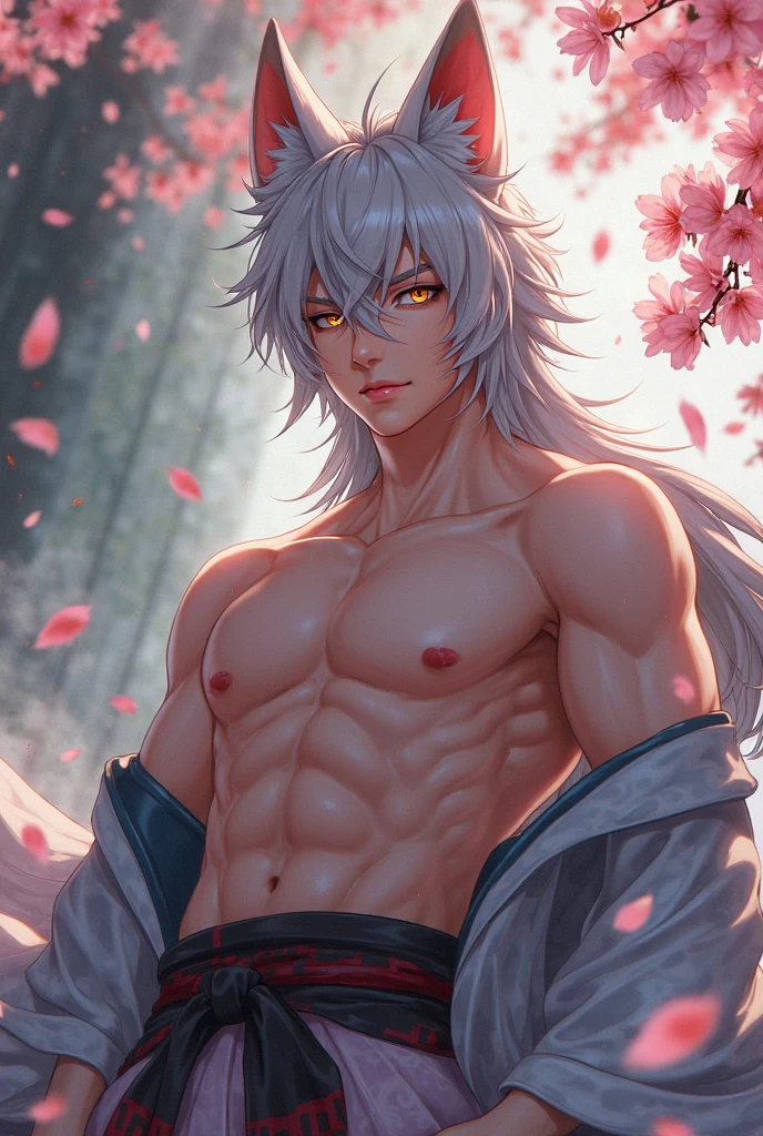 A muscular white wolf with long white hair, purple iris eyes, and Defined body, wearing only the lower parts of a kimono Pants and no shirt after training, in an outdoor scene with a soft expression on his face in daylight, (best quality, 8k, highres, masterpiece:1.2), ultra-detailed, detailed eyes, detailed lips, extremely detailed face, long eyelashes, fantasy, magical realism, dramatic lighting, cinematic composition, muted colors, bokeh