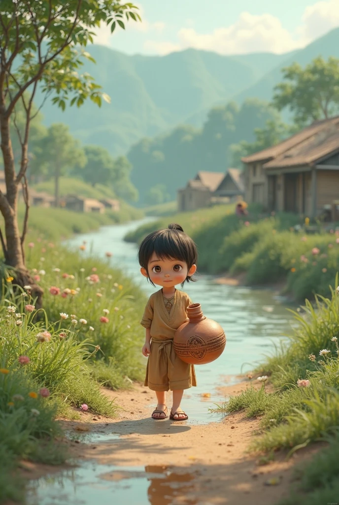 Masterpiece, Best Quality, (Wanderer: 1.2), Scaramouche (Genshin Impact), 1boy, Male Focus, Solo, Outdoor, Clouds, Standing, Leaf, Sky, Hand on Headdress, Vest, (Gray Background: 1.4), (KBXLL: 0.6), Chibi, Full Body, Pond, Lotus