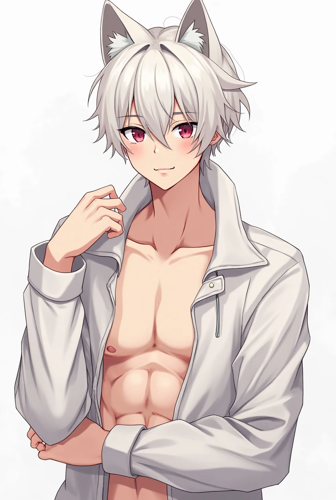 handsome boy　silver hair　piercings in both ears　illustration style　Slender body　Thin abdominal muscles and small waist　boy