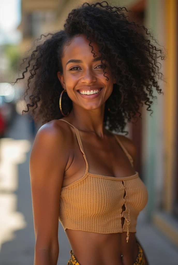 A beautiful woman with black skin, with curly hair, in a beautiful long dress, detailed black eyes, smiling, pink lipstick, (finely detailed skin), realistic skin texture, extreme skin details, standing strolling in a beautiful city, best quality masterpiece, photorealistic, hyperrealistic, detailed, 8k, HDR, (soft color: 1.2), shallow depth of field, wide light, high contrast, backlighting, sharp focus, RAW color photo