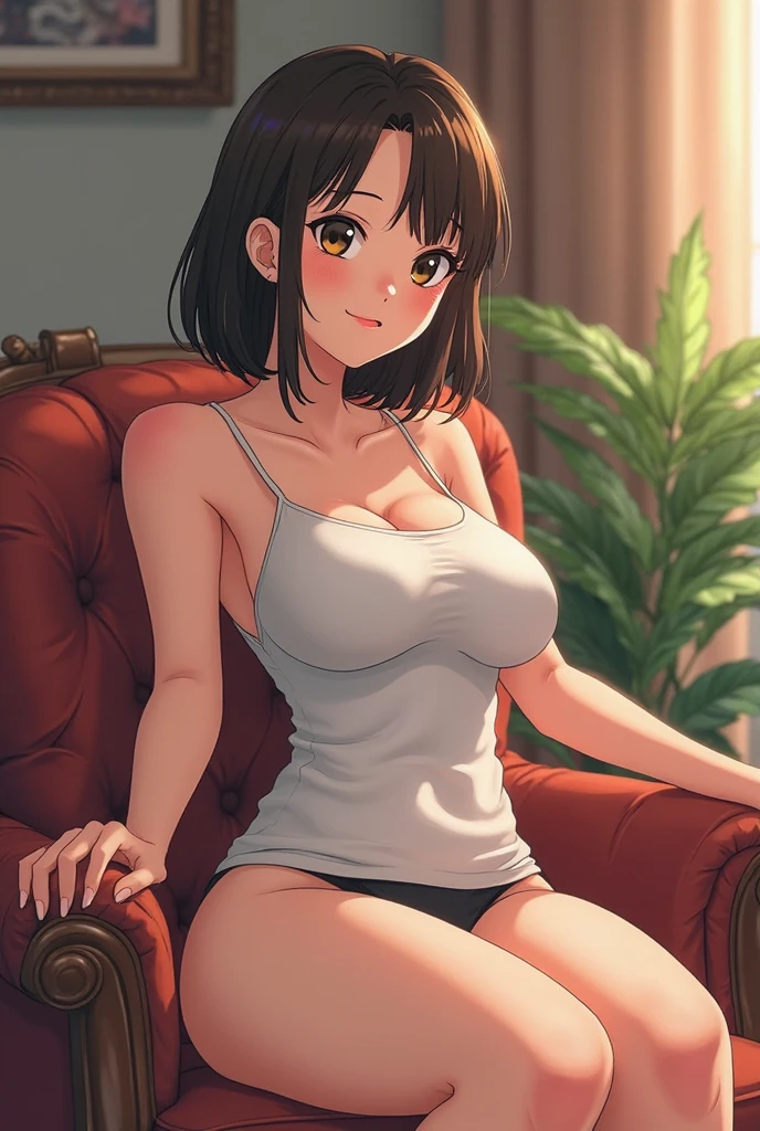 ((masterpiece)), ((best quality)), (ultra-detailed), ((kawaii)), cute, (lovely), ((sexy)),(ero), ((extremely detailed)), 4K, (8K), best quality, (beautiful), in the middle, office,sofa, daytime, a pretty woman, solo, beautiful black hair, beautiful brown eyes, ((beautiful eyes)), white-skinned, short hair,forehead, lip, large breast, earrings, necklace, seductive smile,parted lips,sitting,show off breasts, breasts out,show off nipple,show off pussy