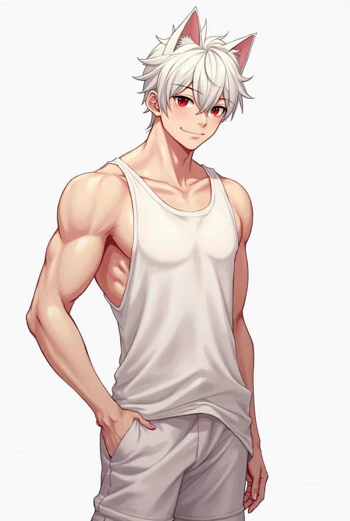 Handsome boy,White hair，Rabbit ears，Abdominal muscles，Slim body，He has warm brown eyes.，Stars background，White shorts，White socks，White sneakers