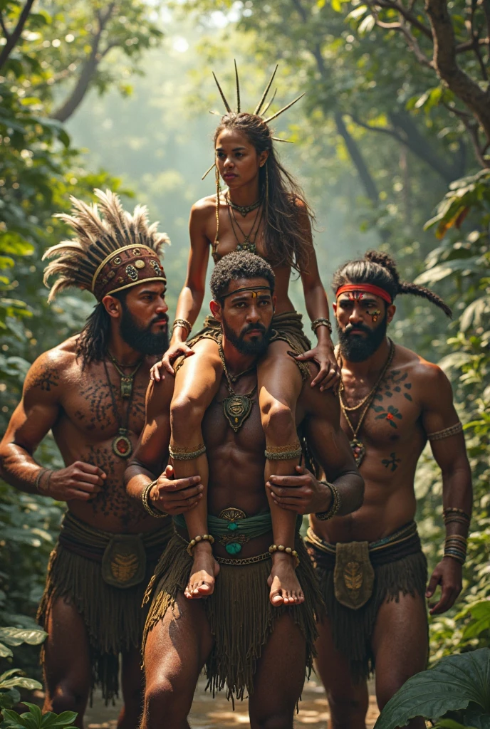 Tribal men in the Amazon forest, around 1000 years ago, with natural costumes made from animal skins mimicking the movie "Apocalypto". The men, with their strong and muscular physiques, are adorned with intricately designed body paint and feathers. Their long, untamed hair is a wild mane around their faces, adding to their primal and raw appeal. The sunlight filters through the dense foliage, casting unusual shadows on their colorful, vibrant attire. The scene is filled with the sounds of exotic birds and the distant drums of a nearby tribe, adding to the authentic and cinematic atmosphere. (masterpiece, best quality, photo-realistic