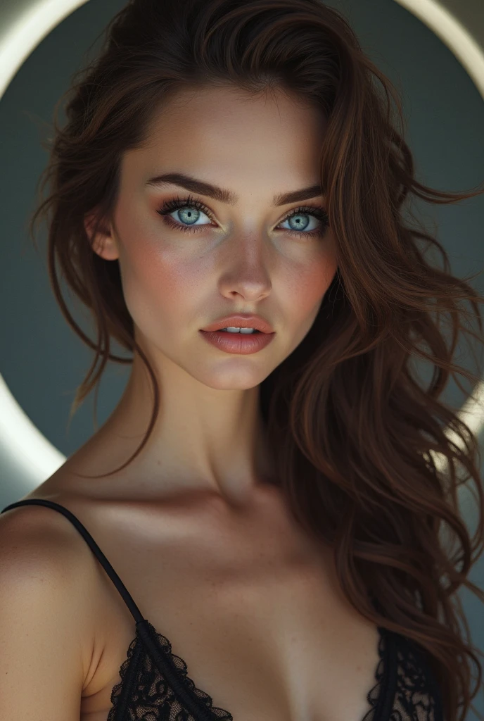 (UHD, high res, 16k), (eye candy, beautiful detailed blue eyes, beautiful detailed lips, extremely detailed eyes and face), sexy pouty lips, studio lighting, physically-based rendering, vivid colors, (gigantic breasts:1.2), ((sexy Lace balconette bralette)), cleavage, ((cowboy shot)), (curled shiny reddish brown hair, side swept bangs, shiny skin, blush), eye reflection, dark atmosphere, highly detailed skin texture, extreme details, perfect breast, tanned skin, freckles, flush skin, ultra detailed skin texture, soft lights, dark skin, (bokeh), retina, masterpiece, accurate, anatomically correct, textured skin, super detail, high details, high quality, best quality, 1080P, HD, 4K, 8k, UHD, award winning,