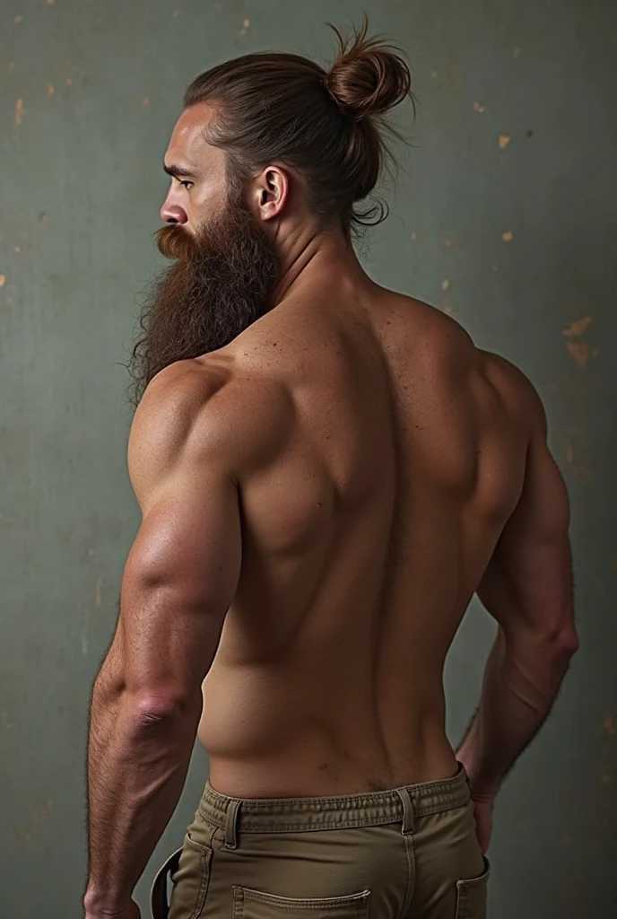Homme, cheveux mi-long, gros, brun, barbe epaisse, petit nez, sourcil epais, jawline. Realiste, image, dans un jardin