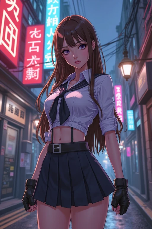 Bewitching anime busty woman in blue suit and tight skirt、Pink eyes、Black tights,Inviting look、Show off your chest、The bra is only slightly visible、Shirt and long brown hair,Ecchi anime style, bending forward,Kamimei,Red Light District at Night,neons、Bokeh in the background