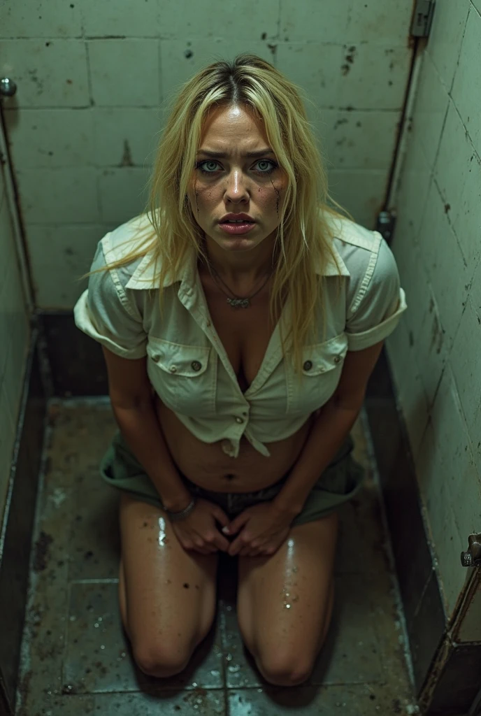 (photorealism:1.2), middle aged caucasian woman, (age 38:1.5), uncomfortable pose, realistic, intricate details, warm colours, blonde white hair, shoulder length bobcut hair, rough face skin, short height, thick thighs, sweaty, textured aged skin, tanning lines, small breasts, skinny-fit, dog collar, big blue eyes, glasses, black frames, dark red uneven lipstick, wearing pink very tight torn high-waist cotton thong with a heart ❤️ on it , full body visible, legs wide spread, tight fishnet high-waist t-shirt, in a big dark basement, no tattoos, dark smudged eye makeup, crying mascara tears, streaming tears, eyes wide opened, mouth open, very angry, on a soiled mattress, looking scared at the camera