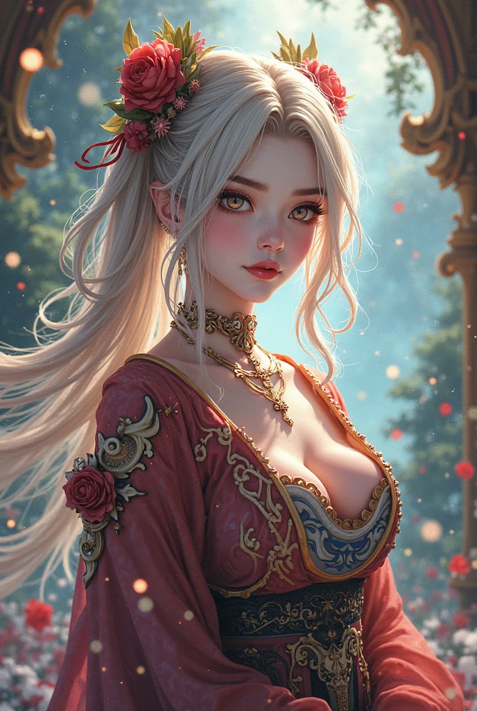 A glorious sunrise,stele, heart, Rainbow Spectrum, fund, in mint white lavender chic hair, cake, mixed language_SMS, (beautiful and clear background:1.2),, fantastic paintings , Lace eye with high detail, braids longas, braid, kosmos, Galaxy, long hair, cool hairstyle, Plant flora, amorous, Amemos, cabelo ultra detaild, best qualityer, tall quality, high resolution, detail enhancement, ((most beautiful image in the world)), work of art, best qualityer, detail enhancement de alta qualidade, ((most beautiful image ), shiny hair, ultra chic printed dress, Stampa Flores, mesh pantyhose,, arte de stjepan sejic, arte de j scott campbell, art by Guillem March, arte por citemer liu, 4K, high resolution, comic book character, comic, high quality detailed, style of ::2.0 style of ilustração comix,tattoo style, tall quality, high resolution, detail enhancement, 8K, High definition, best qualityer, tall quality, high resolution, detail enhancement, 8K, High definitionR, sharp focus, ultra detaild, perfect lighting, curvy body, Lush breasts, Curvy hips, sits