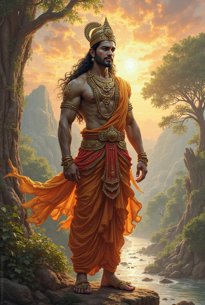 7.5 అడుగుల చామన ఛాయా రంగులో ,మోకాళ్లవరకు చేతులు కలిగి బలమైన బాహువులు,విశాలమైన ఛాతి సన్నని దృఢమైన నడుము ,కలువలు లాంటి కనులు లో ప్రేమ వర్శిస్తూ నున్నటి మొహము కలిగి బోడిగుండు పై పిలకను కలిగి మందహసముతో పసుపుపచ్చని ధోవతి తదనుగుణంగా పైవస్త్రం,అభరణాలు ,చేతిలో ధనుస్సు,తో వున్న రాముడు అందమైన పున్నమి వెన్నెల గల అడవిలో కలువలు నిండిన సరోవర వడ్డున తన తమ్ముడు లక్ష్మణుడితో నడుస్తే
