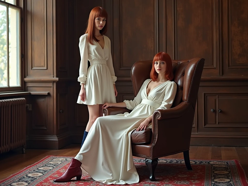 ultrarealistic, photography, two women, one has long red hair, one has platinum blonde long hair, girl, 24 years old, hourglass figure, perfect fit body, Flirty look, natural medium breasts, they are sitting on a luxurious couch in a fancy mansion, they are wearing white silk tight short-sleeve pencil dresses, they are wearing elegant high heels, long legs, their legs are crossed, dynamic light, 8K, masterpiece, ultra detailed, (full body shot:1.5) photorealistic image of two (sitting pose:1.1) women,