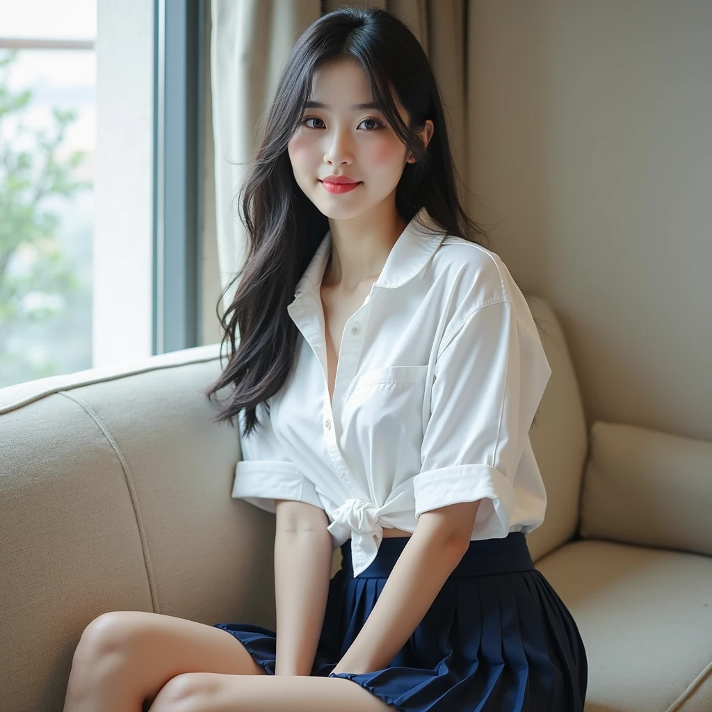 8K, 超High resolution, highest quality, masterpiece, 超Realisticな, photograph, 1 girl, (16 years old:1.3), pretty girl, Cute face, 細部まで美しいeye,masterpiece, ultra Realistic 8k cg, picture-perfectionな顔, perfection, clean, masterpiece, Professional artwork, Famous works of art, perfectionな顔, Beautiful Face, beautiful eye, ((perfectionな女性の体)), alone,(Immersive atmosphere, Chiaroscuro:1.5,Bright light:1.2,Bright lighting),(blush:0.5),Seductive look,非常にdetailed_eye,Thick thighs,Large Breasts,美しくdetailedな背景,Depth of written boundary,Realistic:1.3, Long Shot,One girl,shirt,Pleated skirt, , Sitting, whole body, (Zhou Haoguang:1.3),(Structure of the film:1.3),(Neon Light:0.1),(High resolution:0.1),Accent lighting, White Pantyhose,,((Spread your thighs))、Sexy pose、See through 、Look at the audience、beauty,Long neck、Smile a little、Please close your mouth and laugh、(((Ideal body proportions))),A cup small breasts :2,、Portraiture:2、perfectionな解剖学、Vivid details、detailed、超Realisticな、Light and shadow,Strong light,Fashion magazine cover,Thin lips