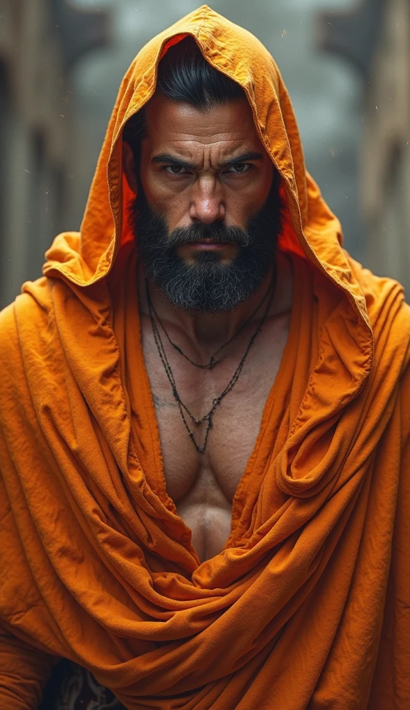make a bald monk with silver eyes without a shirt with a well-defined body with approximately 1,70cm tall full body profile facing front