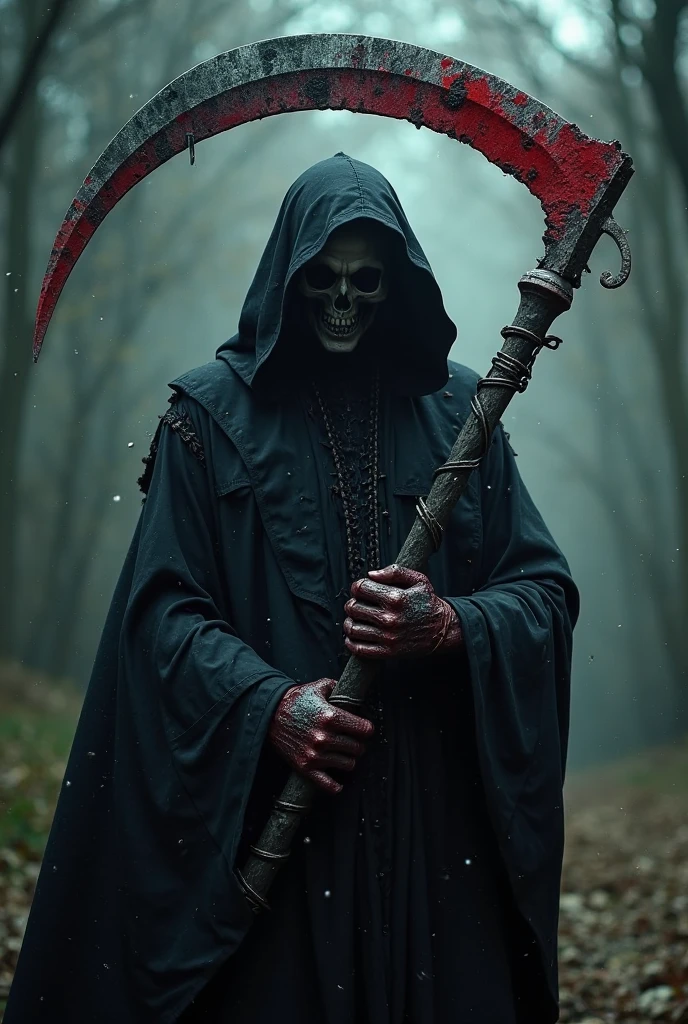 Black grim reaper, Engulfed BY black and red, (Holding scythe),detailed weapon, best quality, ultra-detailed, dark and mysterious, Gothic style, menacing presence, haunting atmosphere, ethereal lighting, grim and foreboding, eerie shadows, swirling mist, supernatural elements, skull motif, dramatic composition, macabre aesthetics,
