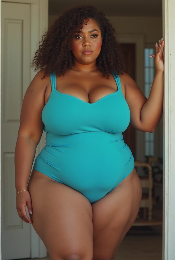 there is a woman in a blue top and shorts posing for a picture, she has a jiggly fat round belly, thicc, very sexy outfit, cute girl wearing tank suit, is wearing a swimsuit, sexy outfit, high quality video, touching her clothes, with teal clothes, sexy look, blue outfit, pretty face with arms and legs, round thighs.high resolusi.ultra HD