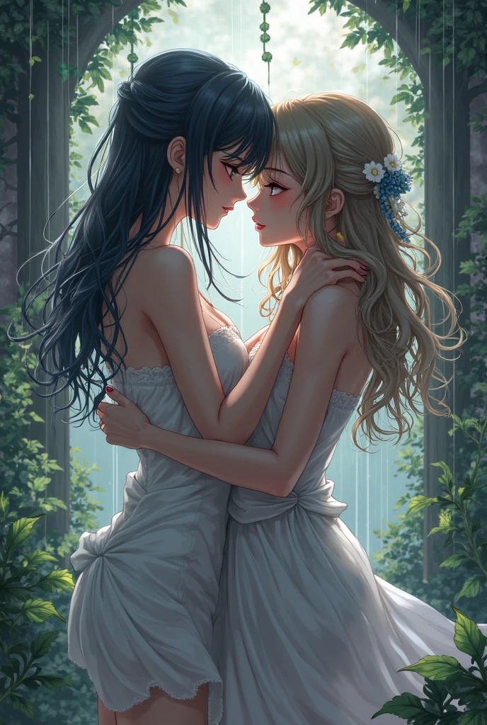 Two young women embracing under a cascading waterfall in a hidden jungle oasis, their lips meeting in a passionate kiss. Sunlight filters through the dense foliage, creating dappled patterns on their entwined bodies. Delicate droplets of water cling to their skin and glisten in the soft light. Their hands explore each other's curves with a sense of newfound desire, as the water's gentle roar masks their intimate whispers. An ethereal atmosphere of discovery and connection pervades the scene, captured in an impressionistic painting style, using watercolors and subtle textures to evoke emotion.