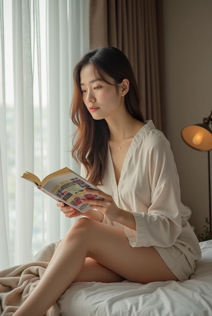 Create a beautiful long legged modern white asian girl reading a book