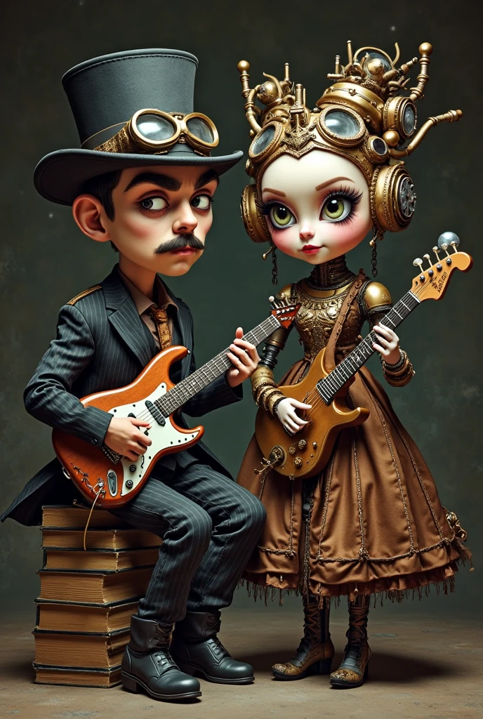 Infuse humor into the harmony of AI and music, depicting quirky robotic musicians playing unconventional instruments in a whimsical setting inspired by the playful style of artist Ronald Searle. enormous tits