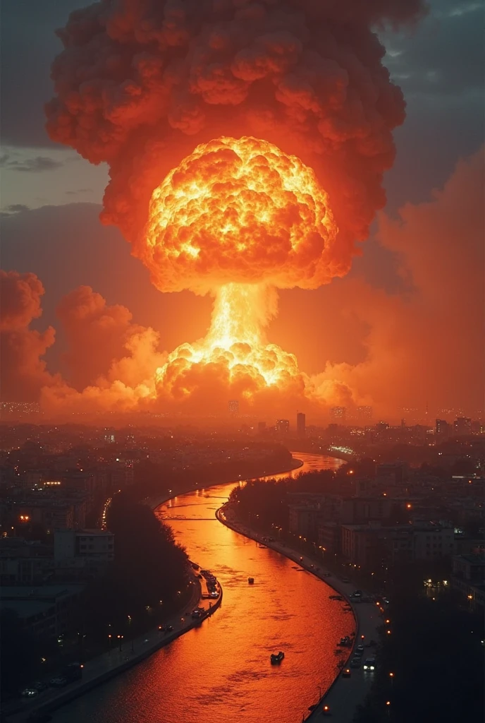 Whole Moscow city is destroyed, massive fires, a nuclear explosion on the horizon: stupendous massive mushroom cloud, blackening everything around with a blinding flash of nuclear blast, a destructive shockwave is consuming ruined burning Moscow cityscape, massive destruction, buildings shattering to pieces, intrinsic details, cinematic shot, epic composition, sharp focus, highly detailed, colorful, coherent