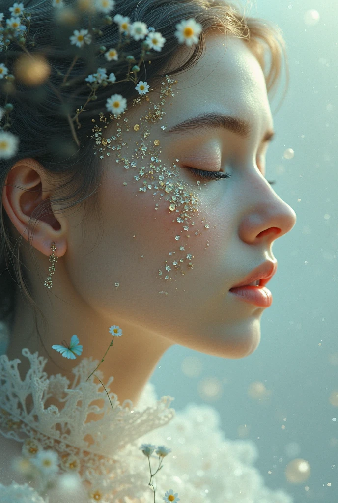 A close-up of a woman's face with porcelain skin, her eyes closed in a serene expression. Her face is adorned with intricate, gold leaf patterns that resemble branches, interwoven with soft, white and orange flowers. The background blends into a cosmic night sky filled with stars, giving the scene a dreamy and ethereal feel. The gold elements shimmer against the deep blue of the cosmos, creating a contrast that highlights her delicate features.