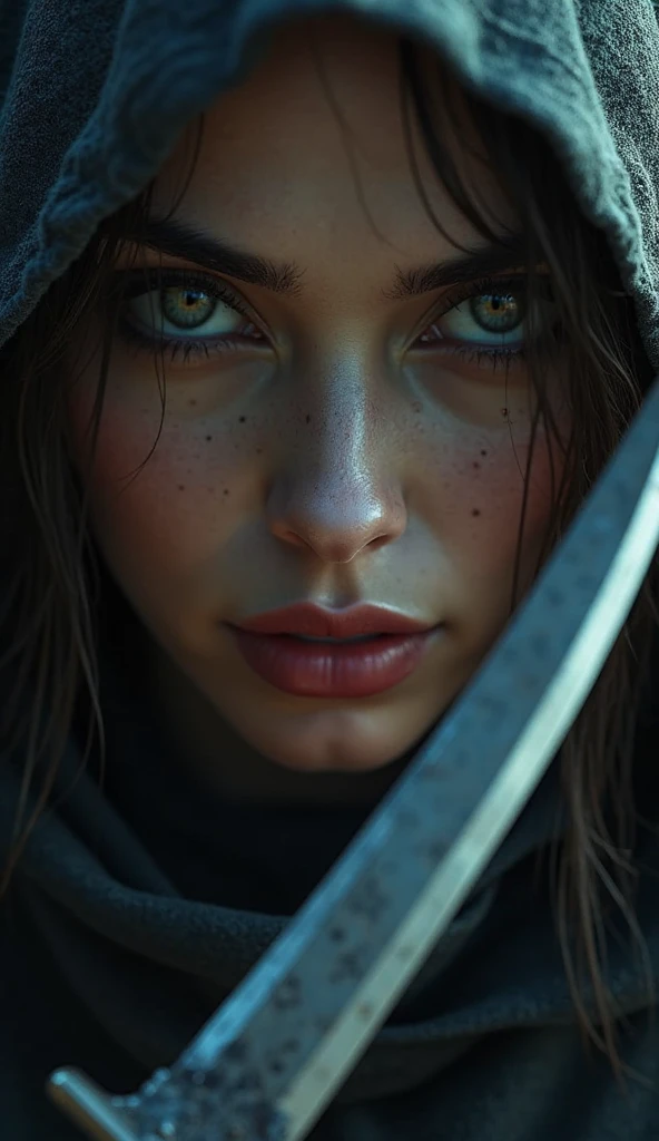 rogue thief girl, worn damaged leather armor, (knitted rogue Neck Gaiter), (smirk), (nose blush), beautiful detailed eyes, (messy hair), drawn by Greg Rutkowski, (Yoji Shinkawa:0.3)